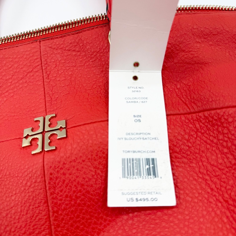 Tory Burch Ivy Slouchy Satchel Samba Red Pebbled Leather Handbag 32163 NEW - Picture 3 of 16
